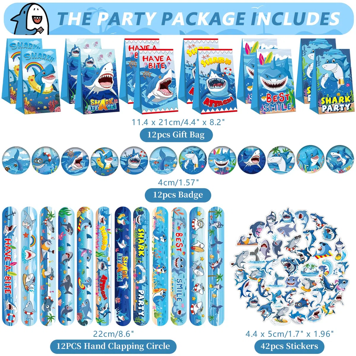 114PCS Set di bomboniere per feste di squalo - 12 Braccialetti Shark Braccialetti 54 Adesivi per squali 12 Shark Favor Bag 12 adesivi per tatuaggi di squalo 12 taccuini di squalo