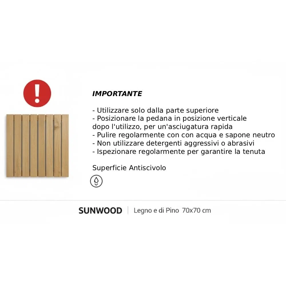SUNWOOD Pedana Doccia Antiscivolo 70x70 cm, in Legno Massello di Pino - Finitura Rovere Chiaro