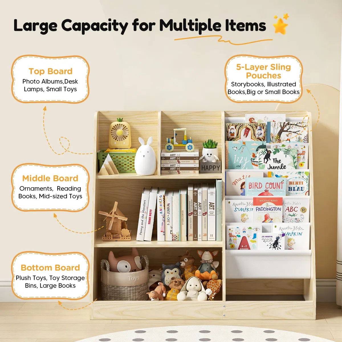 Libreria per bambini, a 5 ripiani, con 4 scomparti aperti, libreria in legno per bambini, camera da letto, sala giochi, aula e asilo nido