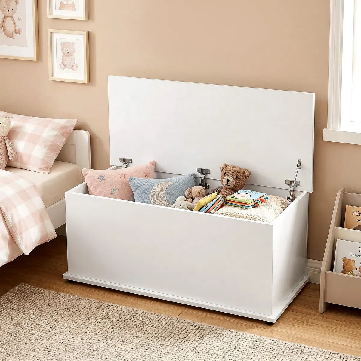 HOMCOM 113L Storage Chest, Storage Box with Flip-Top Lid and 2 Safety Hinges, Storage Trunk for Living Room, Entryway, 100 x 40 x 40 cm, White