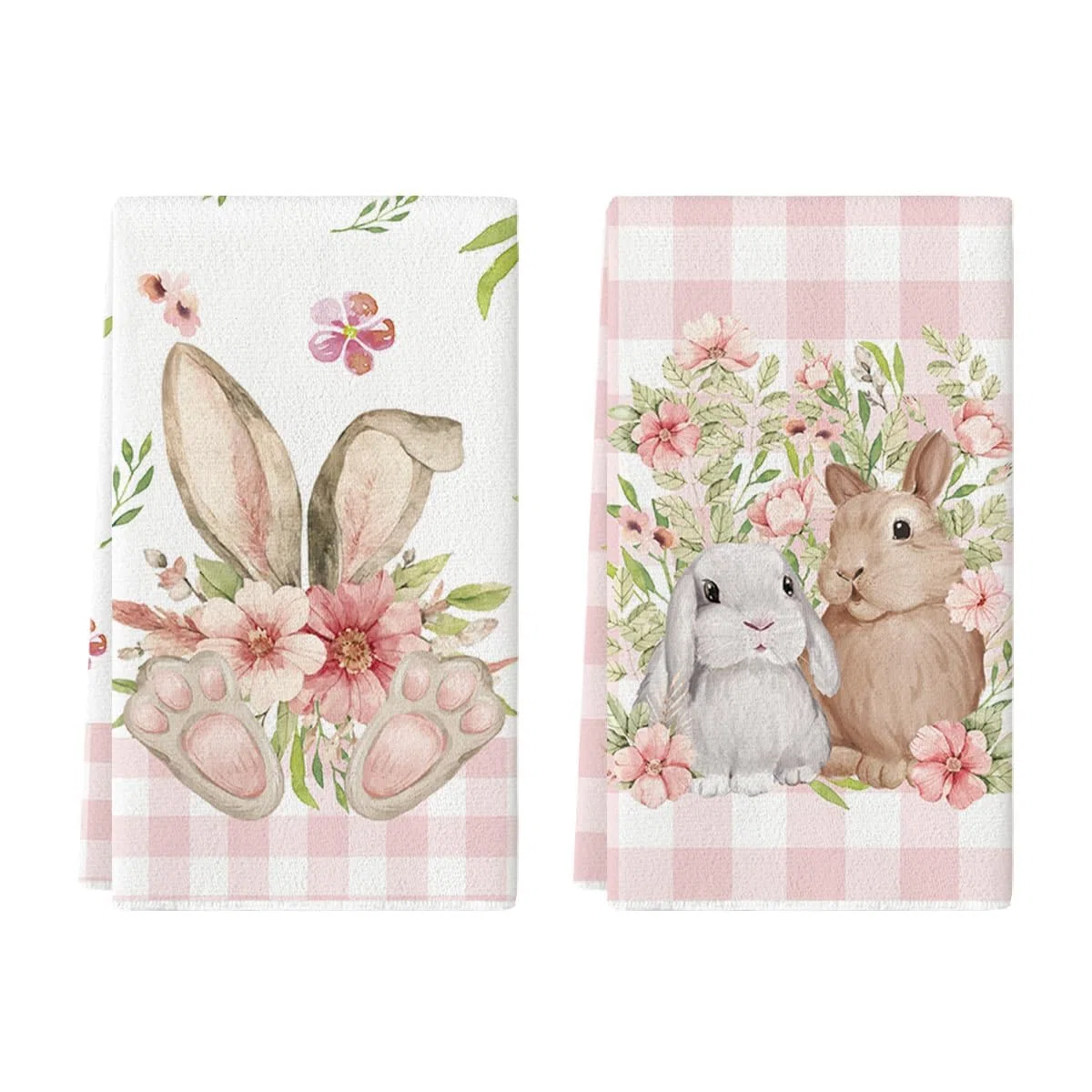 Artoid Mode Set di 2 asciugamani da cucina rosa a quadri di bufalo fiori coniglio pasquale, 42 x 65 cm, decorazione primaverile