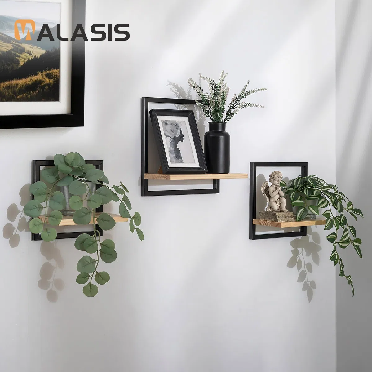 Mensola da parete nera in metallo per soggiorno: set da 3 ripiani quadrati da parete moderna, decorazione da parete, per camera da letto, bagno, angolo