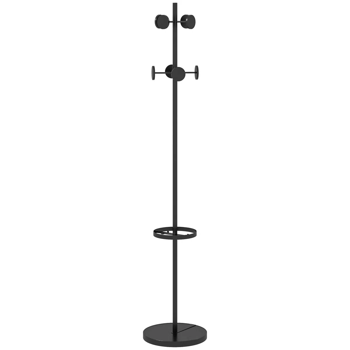 HOMCOM Appendiabiti da Terra con 8 Ganci in Metallo, Attaccapanni da Ingresso e Corridoio con Portaombrelli, Ø34 x 177cm, Nero