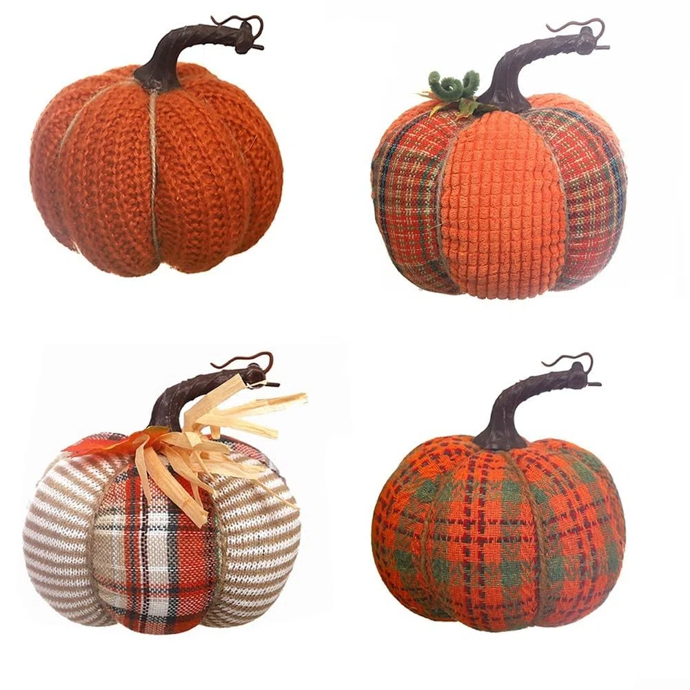 Zucche autunnali a quadri, decorazione da tavolo in tessuto di zucca artificiale, zucca rustica per decorazioni autunnali per la casa e le vacanze a tema autunnale (arancioneB)