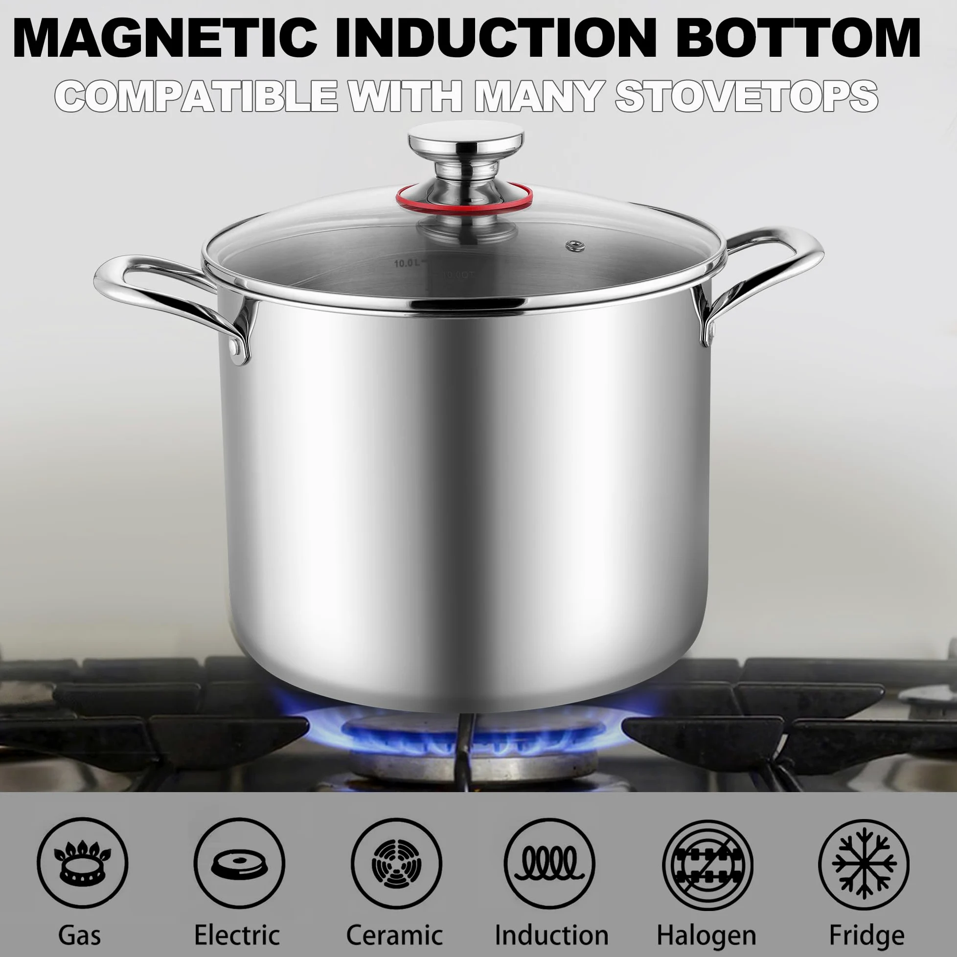 Joyfair Pentola grande da 10 l, in acciaio inox a tre strati, con coperchio in vetro, per induzione/gas/ceramica/elettrica/alogena, pentola per zuppa sicura per cuocere a fuoco lento, manici