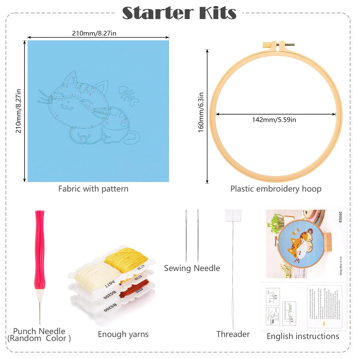 JSRQT Punch Needle Starter Kit,Kit di Ricamo per Aghi da Punzonatura con Motivo Gatto,Kit per Principianti per Ricami,Strumento di Ricamo Aghi da Punzonatura per Principianti Bambini Adulti