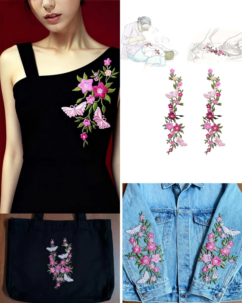 2 toppe ricamate con fiori di farfalle e fiori, in pizzo floreale, per ricamo, fai da te, artigianato, per vestiti, jeans, giacche, borse