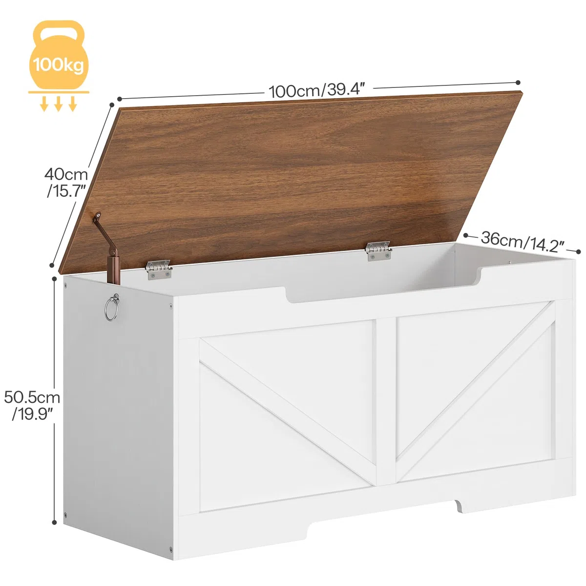 HOOBRO Cassapanca, Panca Contenitore per Bambini, con Cerniere di Sicurezza, Grande Piano, Manico Incorporato, Poggiapiedi, Baule per Giocattoli, Sgabello, 100 cm, Bianco e Noce EWH771CW01G1
