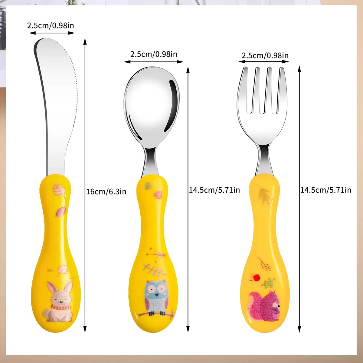 Set posate per bambini in acciaio inox, 6 pezzi posate per bambini con motivo carino, 2 forchette, 2 cucchiai, 2 coltelli, posate da bambino in manico rotondo per ragazzi e ragazze (giallo, verde)