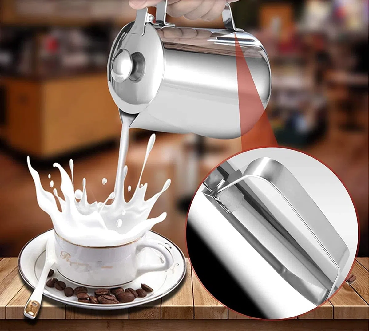 LATRAT Coffee Barista - Brocca per latte in acciaio inox, perfetto per la produzione di schiuma di latte, universale, per cappuccino e latte, 350 ml, colore: argento
