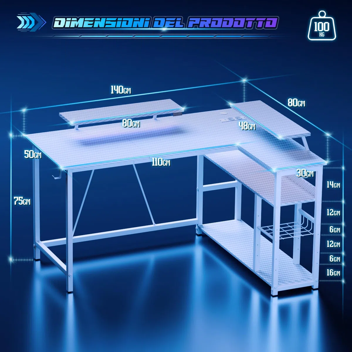 Devoko Scrivania Da Gaming Angolare 140x80 cm Supporto Doppio Monitor, Illuminazione LED, Ripiano Regolabile In Altezza, Finitura Effetto Carbonio, Scrivania PC Gamer Con Scaffali Laterali, Bianco