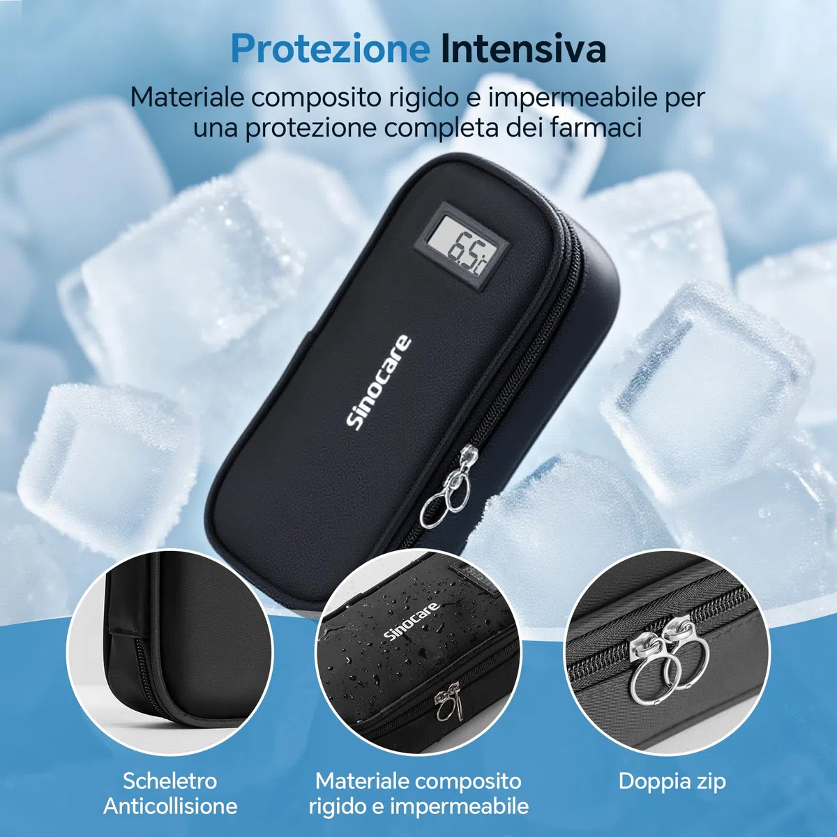 Sinocare Borsa Termica per Mantenere l'insulina e Medicinali, 3 Impacchi di Ghiaccio, Termometro Incorporato
