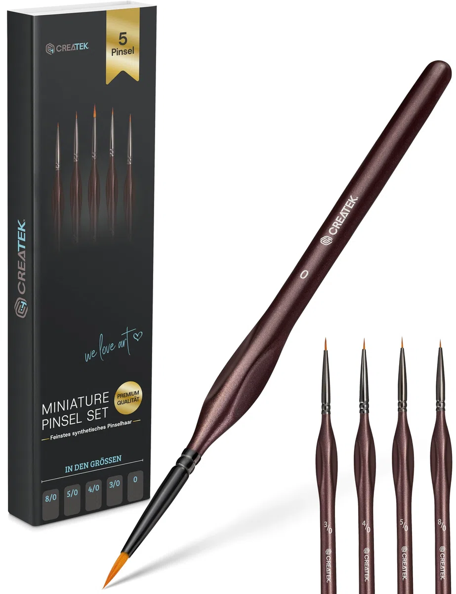 CreaTek - 5 pennelli extra fini per i dettagli [Massima precisione] Pennello per dettagli perfetti pittura acrilica, acquerello, olio | Il set di pennelli n.1 per la pittura nei pennelli da modellismo