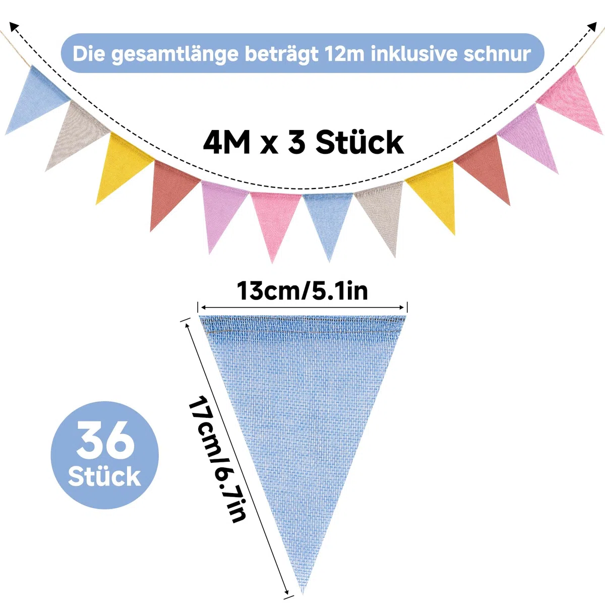jijAcraft Ghirlanda di bandierine per esterni, colori pastello, 12 m, resistente alle intemperie, riutilizzabile, ghirlanda decorativa per feste, con 36 bandierine per giardino, campeggio, compleanno