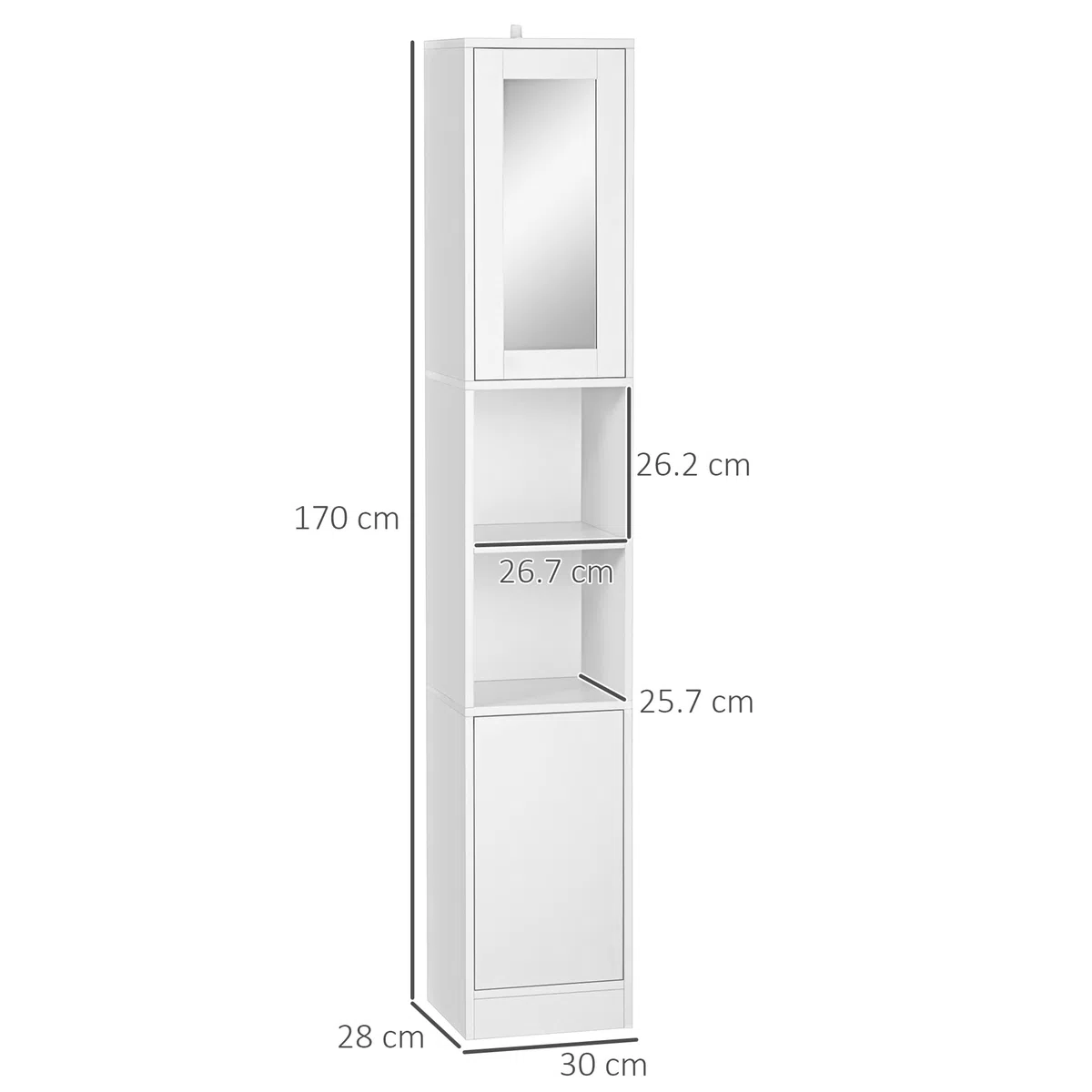 kleankin Colonna Bagno Salvaspazio con Specchio e Apertura a Pressione, Mobile da Bagno Multiuso in Legno, 30x28x170cm, Bianco