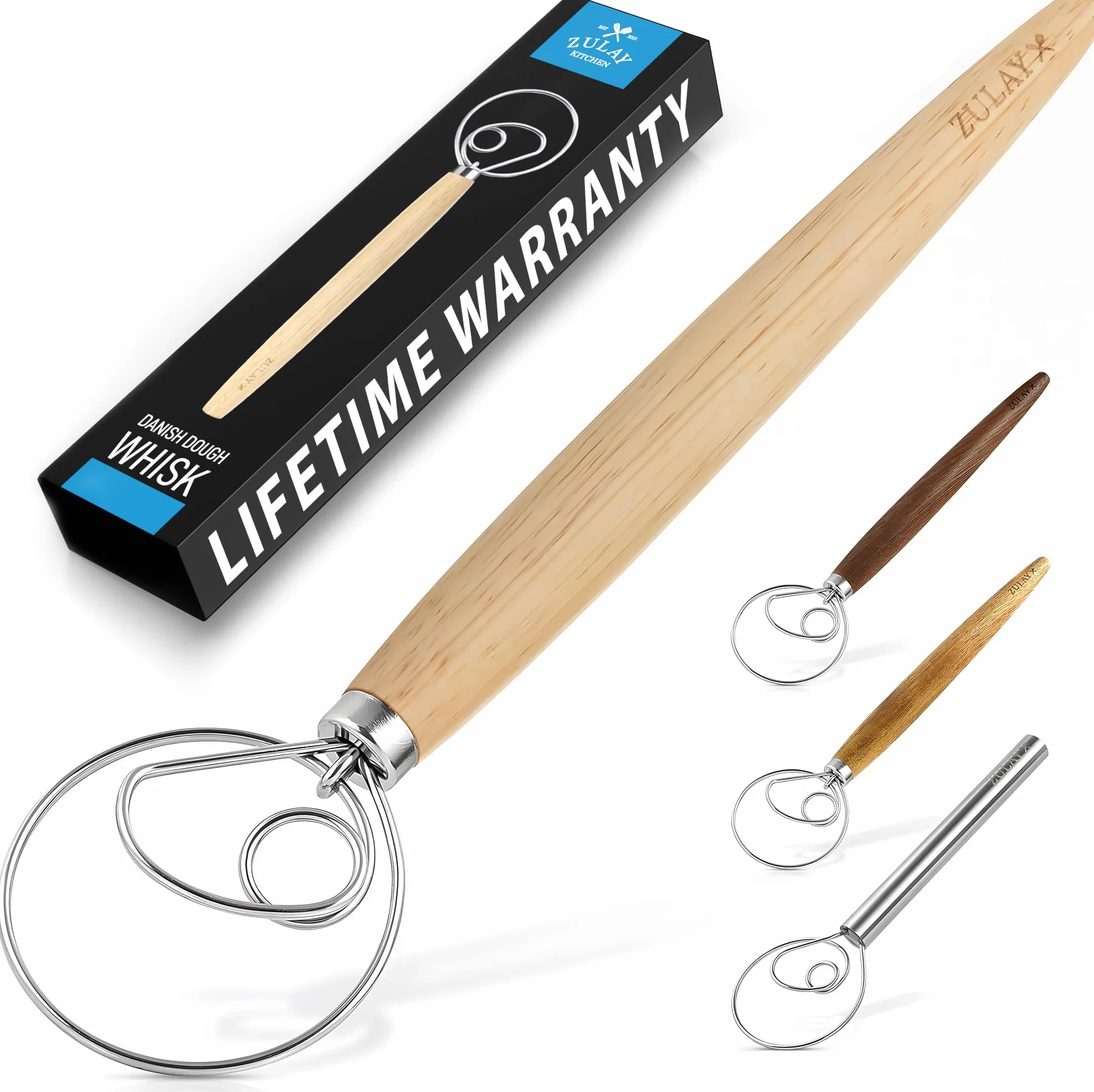 Zulay - Frusta danese per impasto, grande, 33 cm, in acciaio inox e legno danese, frullatore artigianale in stile olandese per pane, pastella, torta, pasticceria e altro ancora