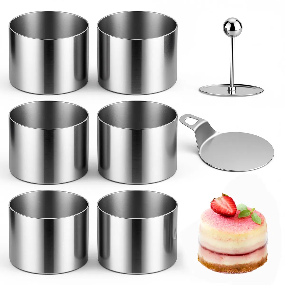 6 Pezzi 8cm Coppapasta Tondi Coppa Pasta di Acciaio in Acciaio Inossidabile, Anello per Torte con Sollevatore e Spatola per Torte, per Torte Dessert Mousse DIY