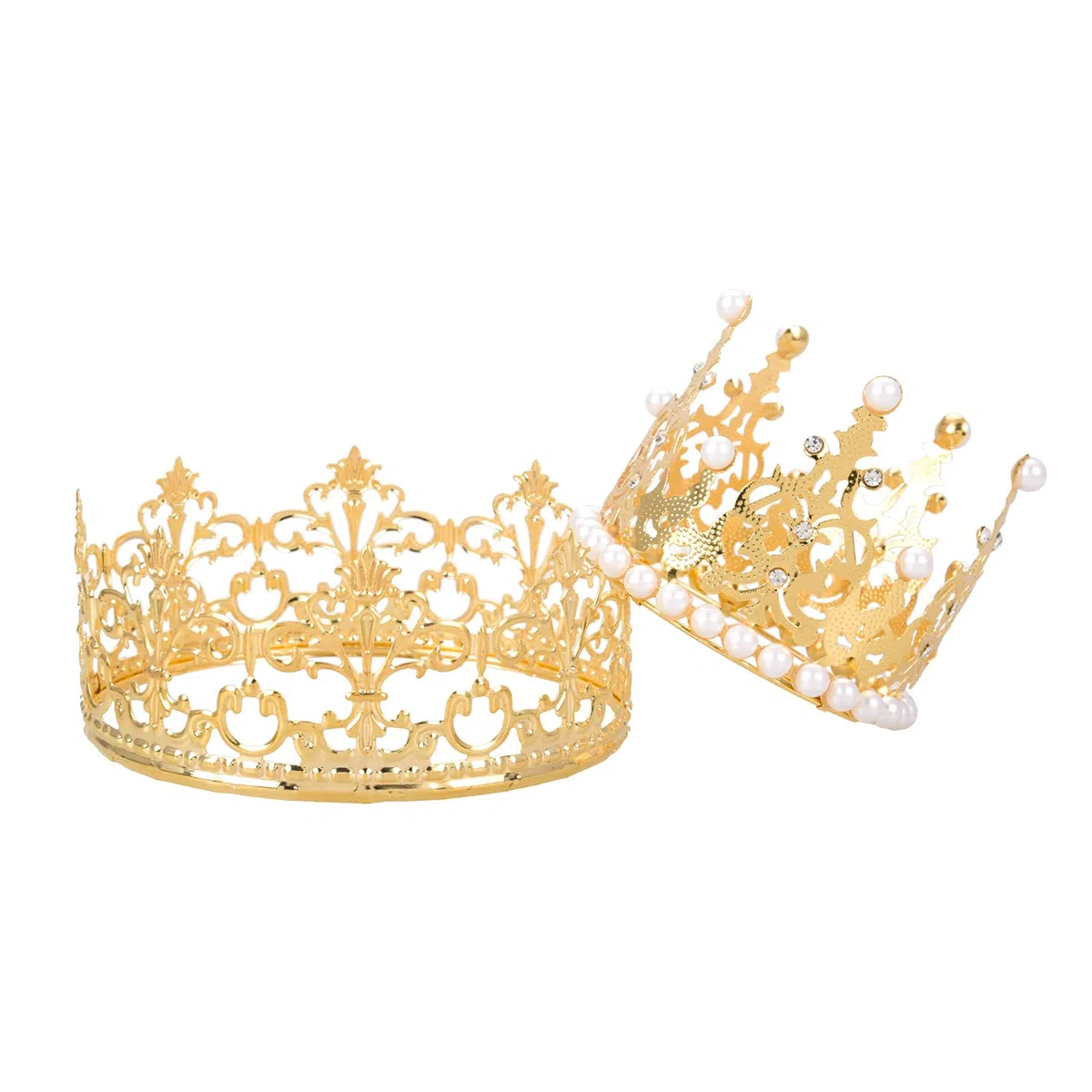 2 decorazioni dorate per torta a forma di corona da principessa, con strass e perle, decorazione per torta di compleanno o matrimonio