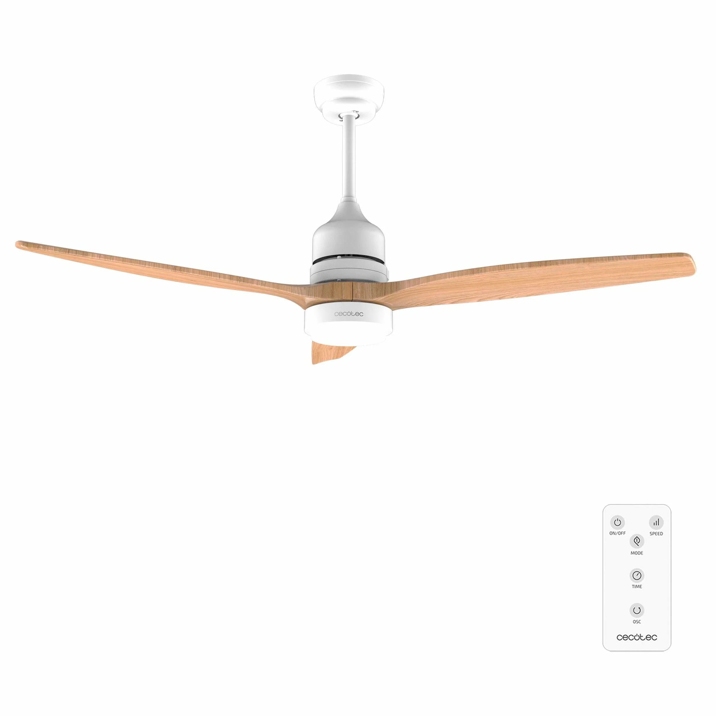 Cecotec Ventilatore da Soffitto con Luce e Telecomando 52" EnergySilence Aero 5230 WhiteWood, Motore DC 40W, 3 Pale, Luce LED, Altezza Regolabile, Timer, 6 Velocità, Modalità Winter/Summer