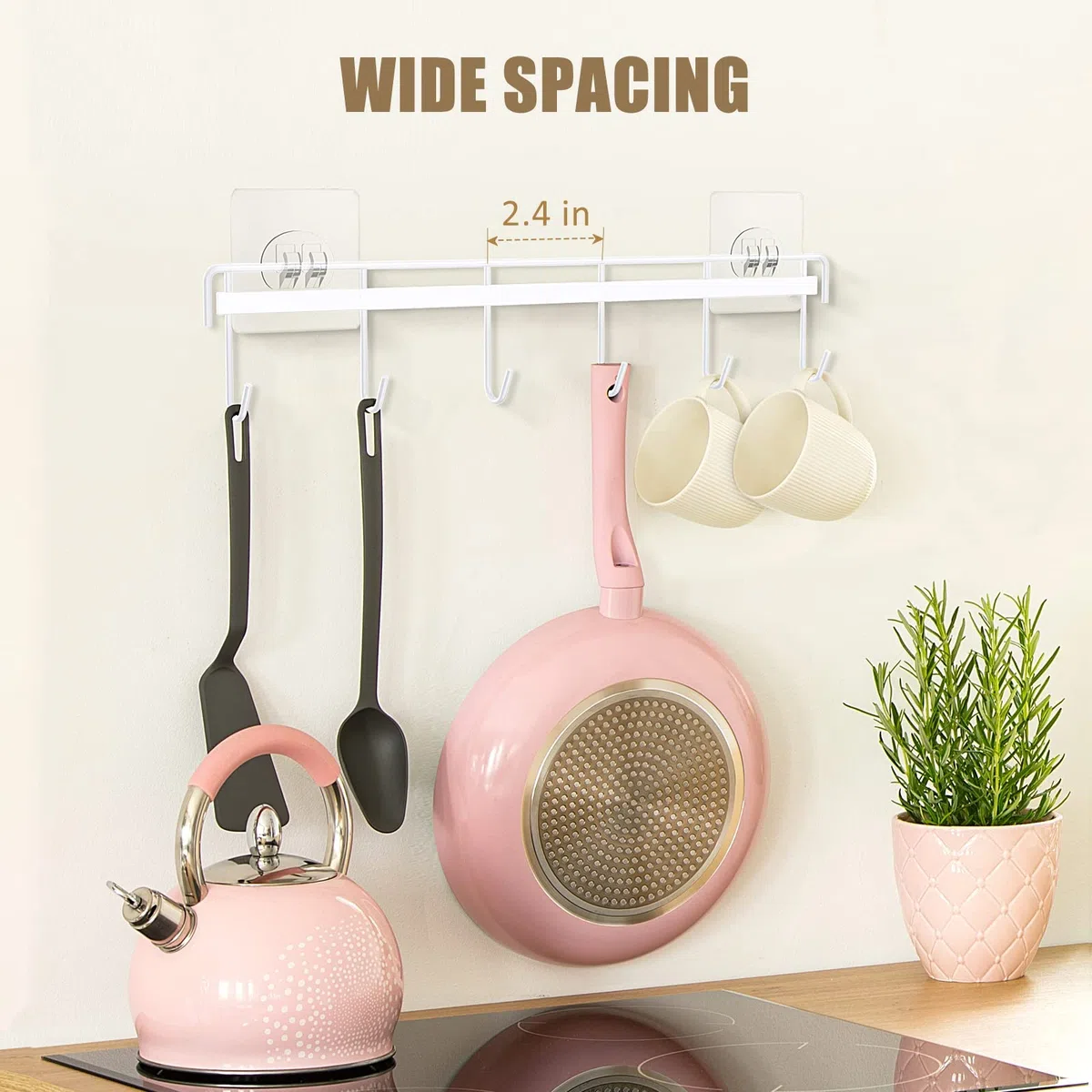 Jeowoqao Ganci per utensili da cucina con 6 ganci salvaspazio da parete, senza fori, ganci adesivi da parete, per cucina, bagno, camera da letto, confezione da 2 (bianco)
