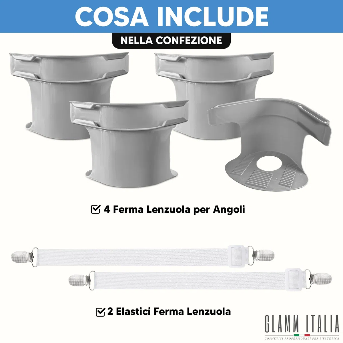 Ferma Lenzuola x Angoli, in Regalo 2 Elastici per Lenzuola – Set Completo con 4 Ferma Angoli Antiscivolo + 2 Elastici Regolabili con Clip Metalliche per Bloccare Le Lenzuola al Materasso.