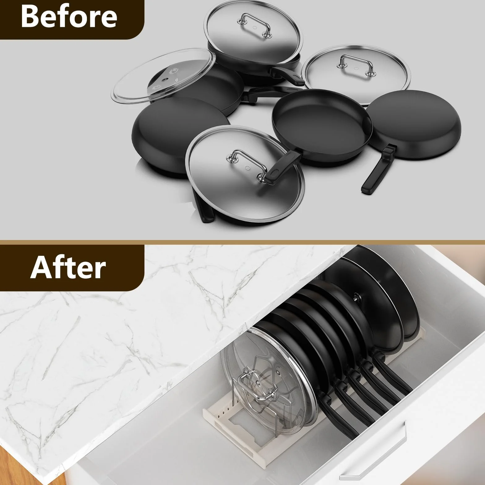 Porta Coperchi Pentole Salvaspazio, Organizer per Padelle con 7 Regolabili di Acciaio Inossidabile Porta Padelle Salvaspazio per Utensili da Cucina - Grigio