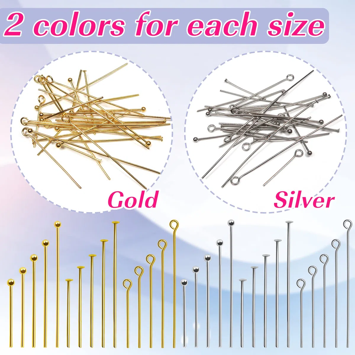 TOAOB 750 Pezzi Chiodini Testa Pins Piatta Occhio Spilli Acciaio Inossidabile Spillo Dritti 20mm a 50mm Pin per Creazione di Gioielli Fai da Te Collane Orecchini Bracciali Oro e Argento