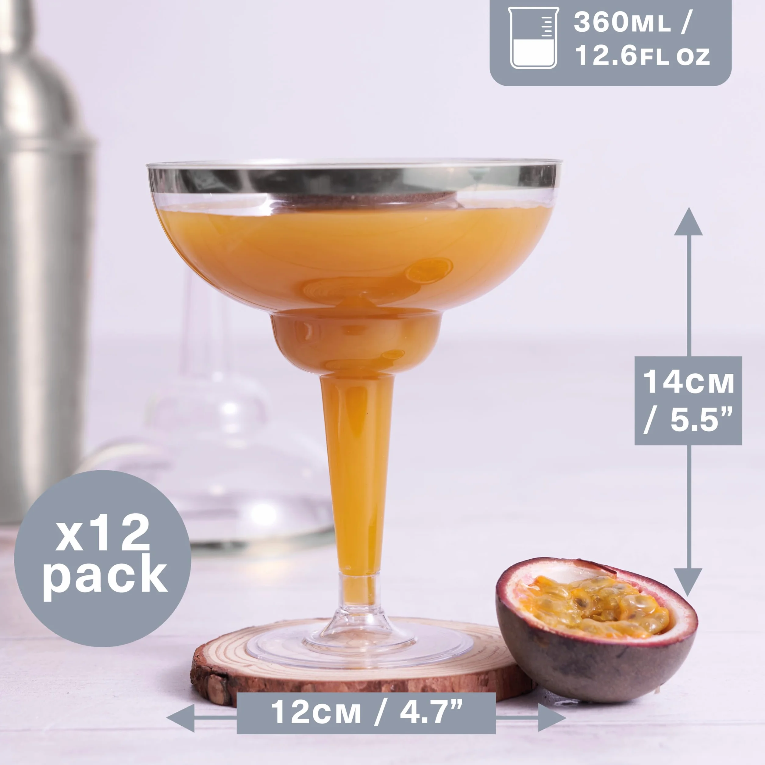 Matana 12 Elegantes Copas de Cóctel Margarita de Plástico con Bordo Argentato (360ml / 12oz) - Resistentes y Reutilizables - Copas Daiquiri Martini para Bodas, Cumpleaños, Navidad y Fiestas