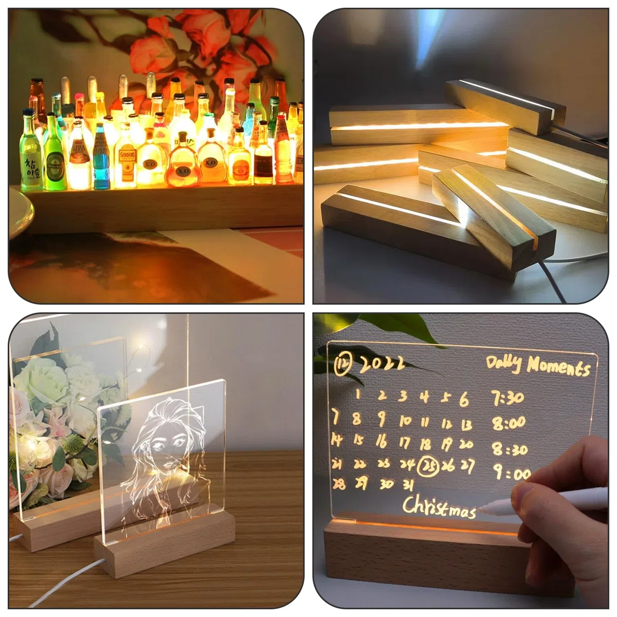 BORDEAG LED Luci Display Base, 4 Pezzi Base Luce Led Legno con USB, Base Rettangolare con Led per Lastra in Acrilico, Lastra in Cristallo, Lunghezza 15 cm, Bianco Caldo
