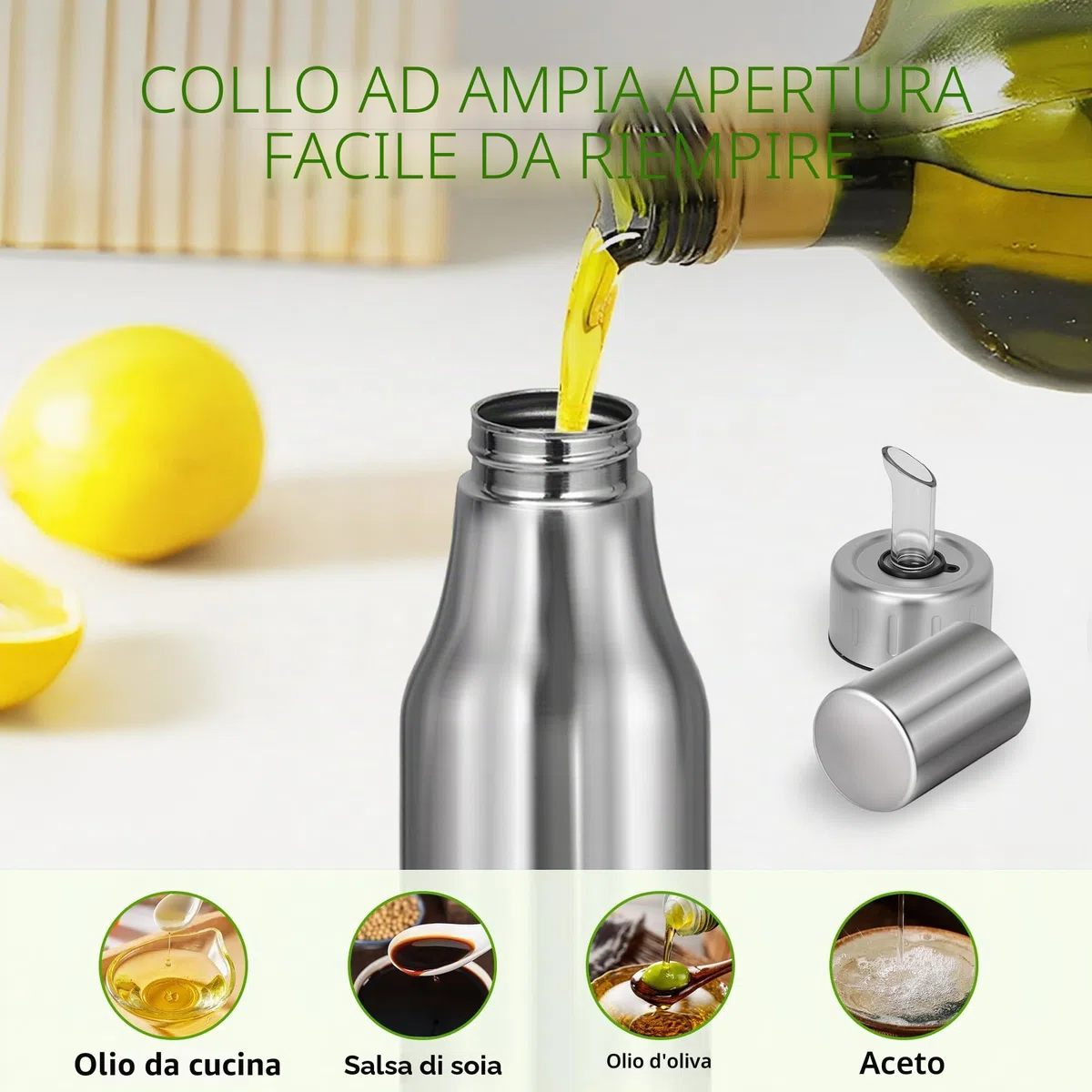 Dispenser di olio bottiglia in acciaio inox con beccuccio senza gocciolamento per cucina e barbecue, 500 ml