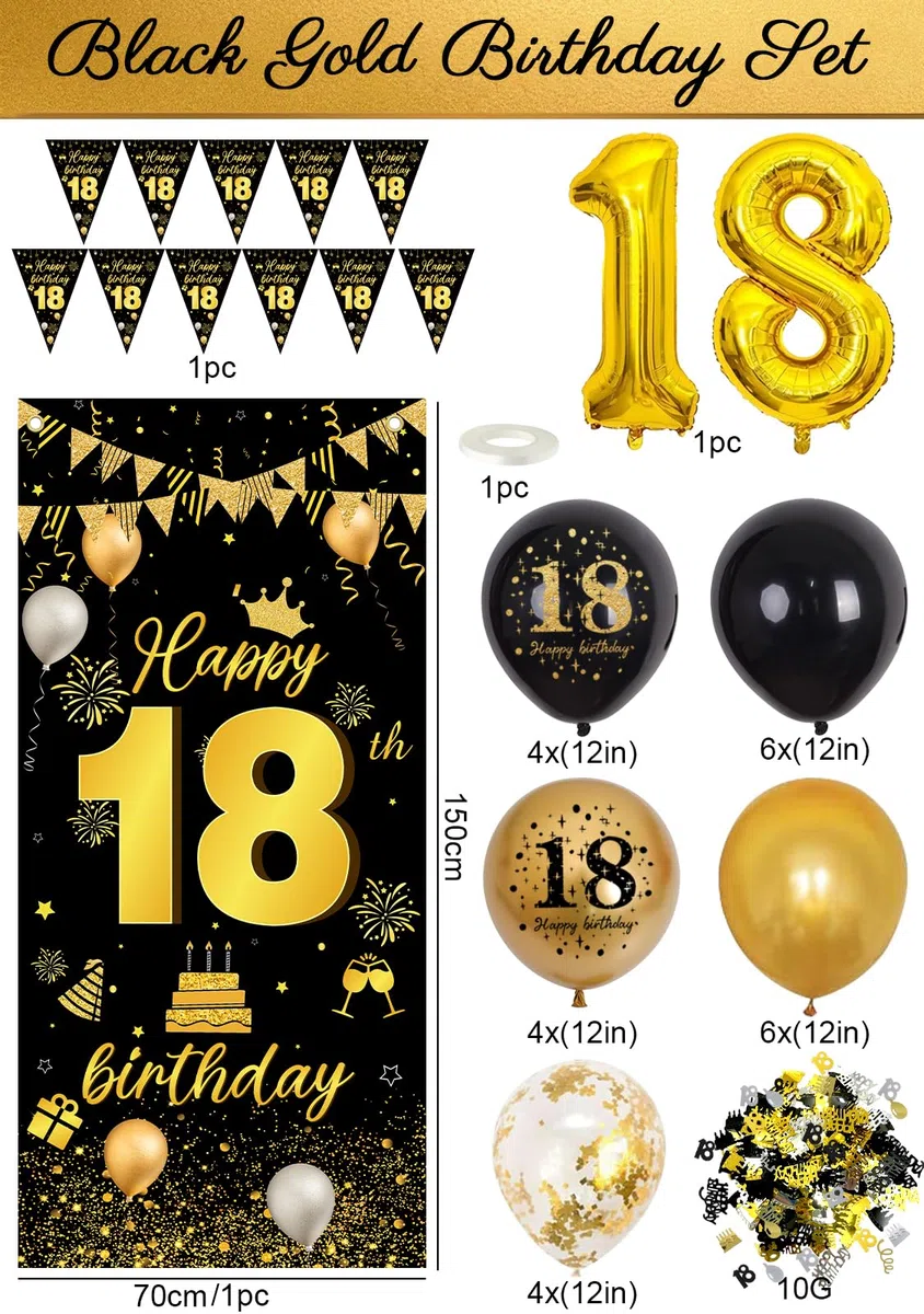 Palloncini 18 Anni Compleanno Ragazza Ragazzo, 18 Anni Decorazioni Nero Oro, Striscione 18 Anni, Coriandoli, Feste di Compleanno Sfondo Fotografico Tessuto, Decorazioni per Compleanno
