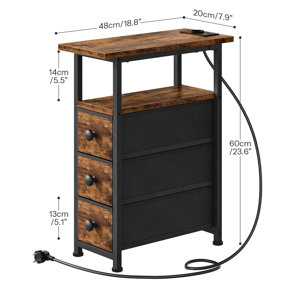 HOOBRO Comodino con Stazione di Ricarica, 1 Presa Standard e 2 Porte USB, Tavolino Stretto con 3 Cassetti in Tessuto, Tavolino da Divano, Comodino per Piccoli Spazi, Marrone Vintage e Nero EBF482CBZ01