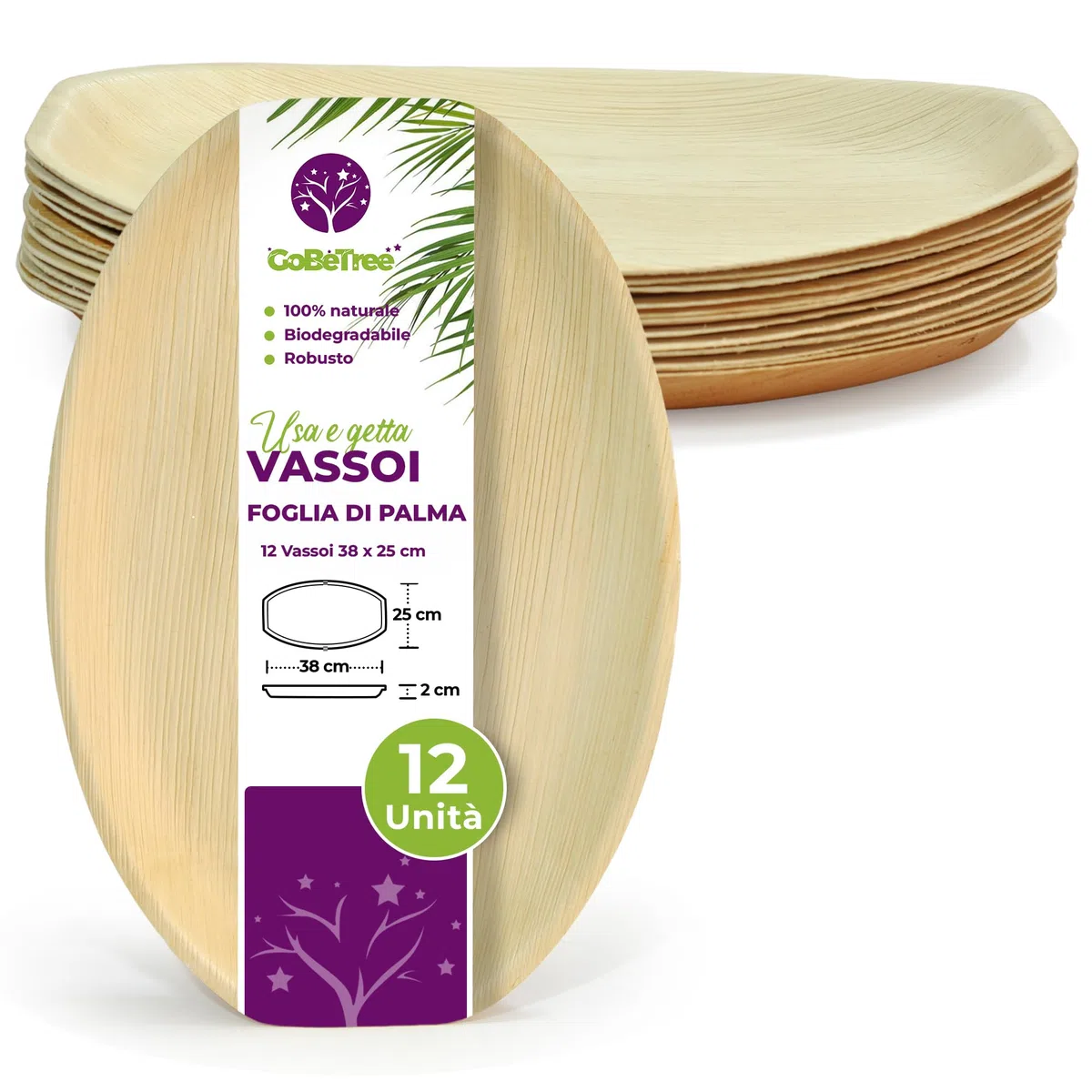 GoBeTree 12 Vassoi Usa e Getta Foglia di Palma 38x25 cm Stile Bambù. Vassoi per Servire, Condividere e Arrosti, Monouso Rustici