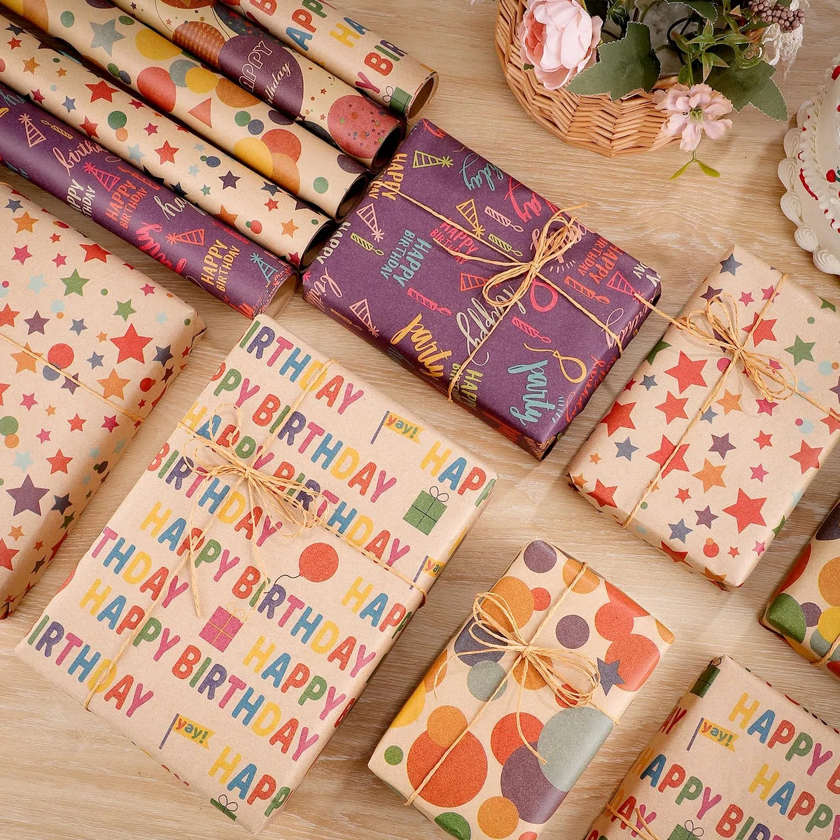 woric 5 rotoli di carta da regalo di compleanno, 43 cm x 3 m rotolo di carta da regalo kraft regalo per baby shower festa di compleanno (accessori all'interno del rotolo di carta da imballaggio)