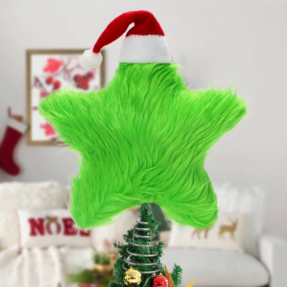 Puntale per albero di Natale in peluche, 19 cm, con mini cappello di Natale, verde