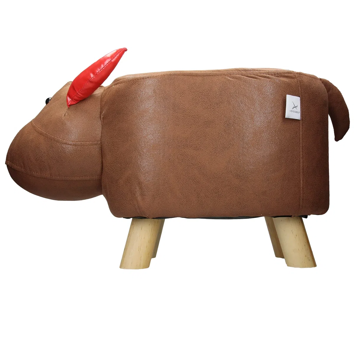 Poggiapiedi Sgabello per Bambini a Forma di Vitello 68 x 30 x 37 cm Marrone e Rosso in Pelle Sintetica Pouf Imbottito con Gambe in Legno Massello Ottomano per Soggiorno e Camera Bambini