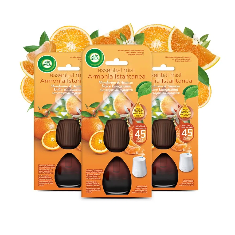 Airwick Ricariche per Diffusore di Oli Essenziali Armonia Istantanea, Confezione da 3 per il Diffusore di Oli Essenziali Profumatore per Ambienti alla Fragranza di Mandarino e Arancia Dolce