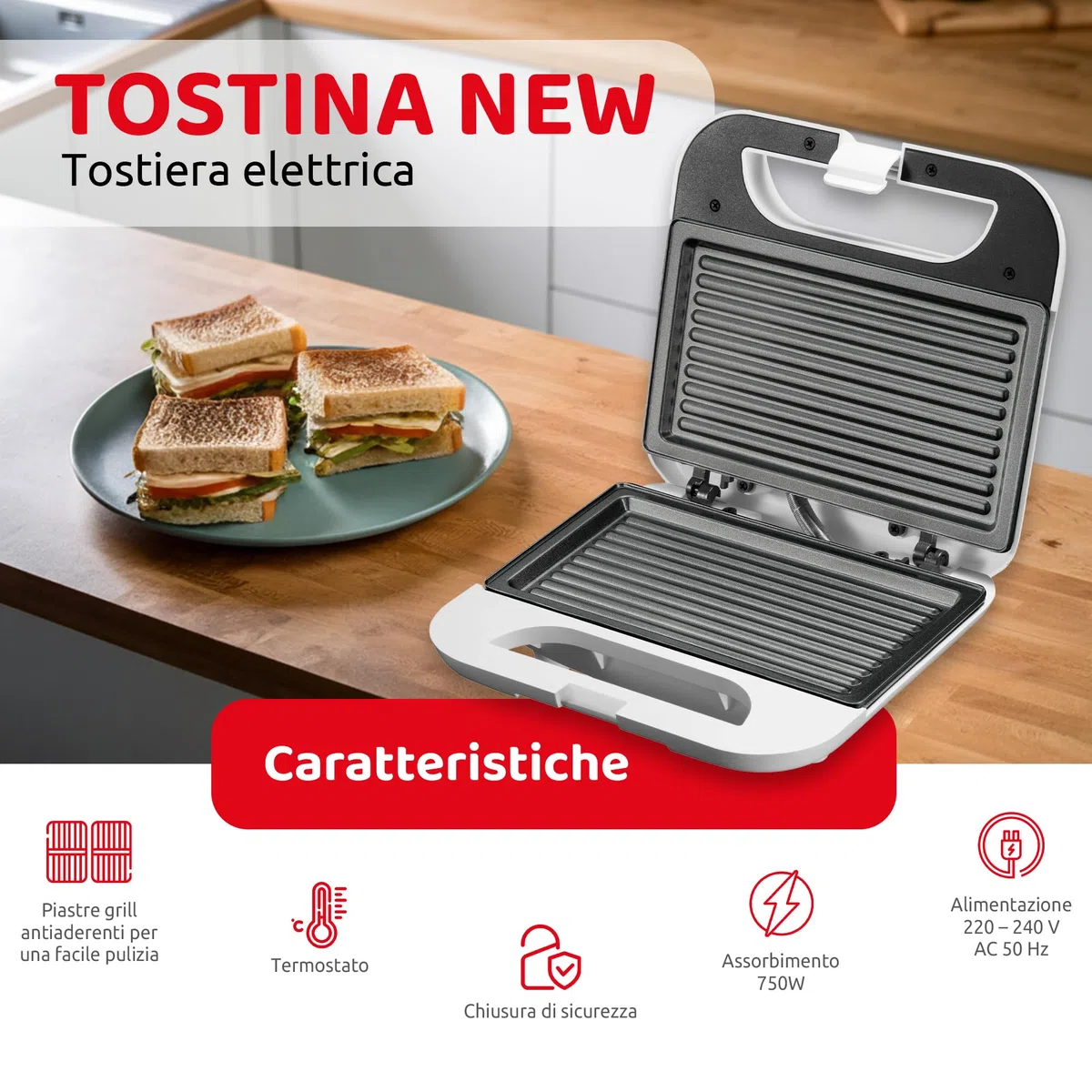 Melchioni Family | Tostiera Elettrica TOSTINA NEW, Piastra Panini, Tosta Pane per Toast, con Griglie Antiaderenti, Pareti Fredde, Chiusura di Sicurezza, Termostato, Facile Pulizia