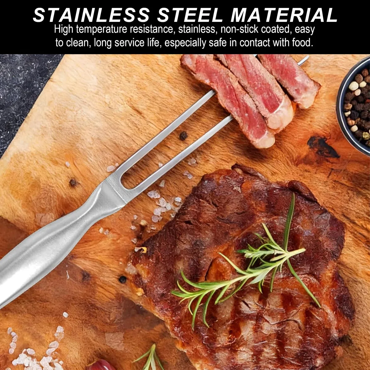 Set Forchetta da Arrosto in Acciaio Inox con Pinza da Grill & Pennello in Silicone, Utensile da Cucina 3-in-1 Versatile per Grigliate, Arrosti & Servizio