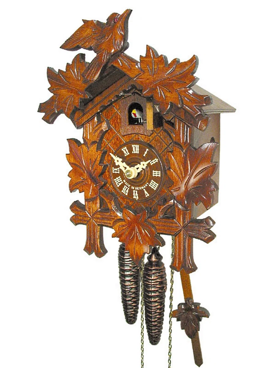 Orologio a cucu foresta nera meccanico (originale, certificato), 1 giorno, 5 foglie, 1 uccello, orologi a cucù in vero legno
