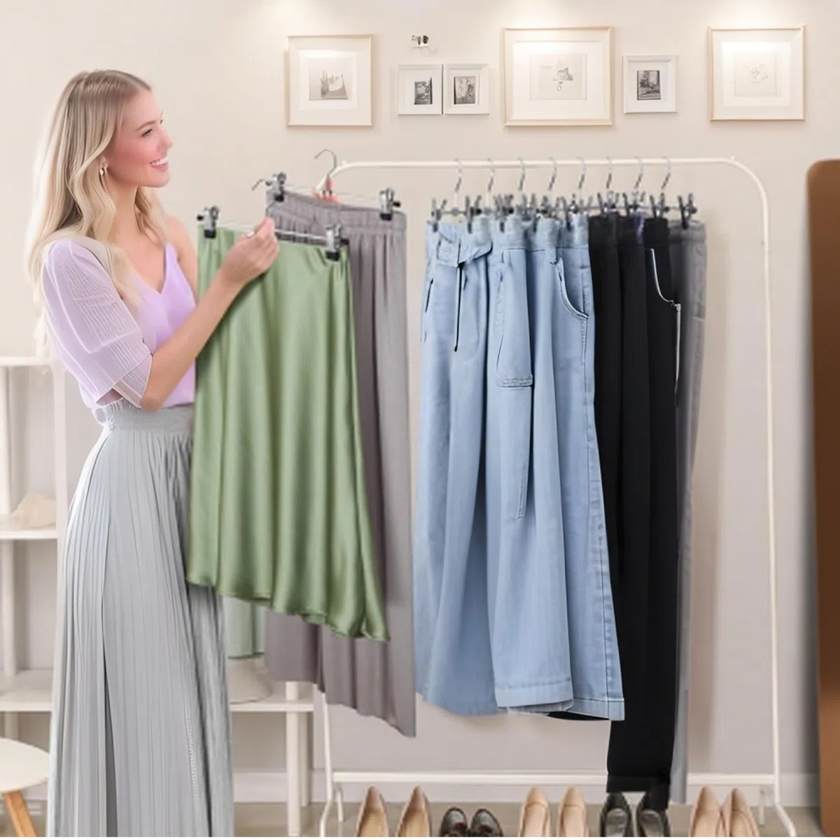 Grucce per pantaloni in metallo, 30 cm, 10 grucce con clip antiscivolo, resistenti alla ruggine, per pantaloni, pantaloncini, gonne, calze, biancheria intima (bianco)