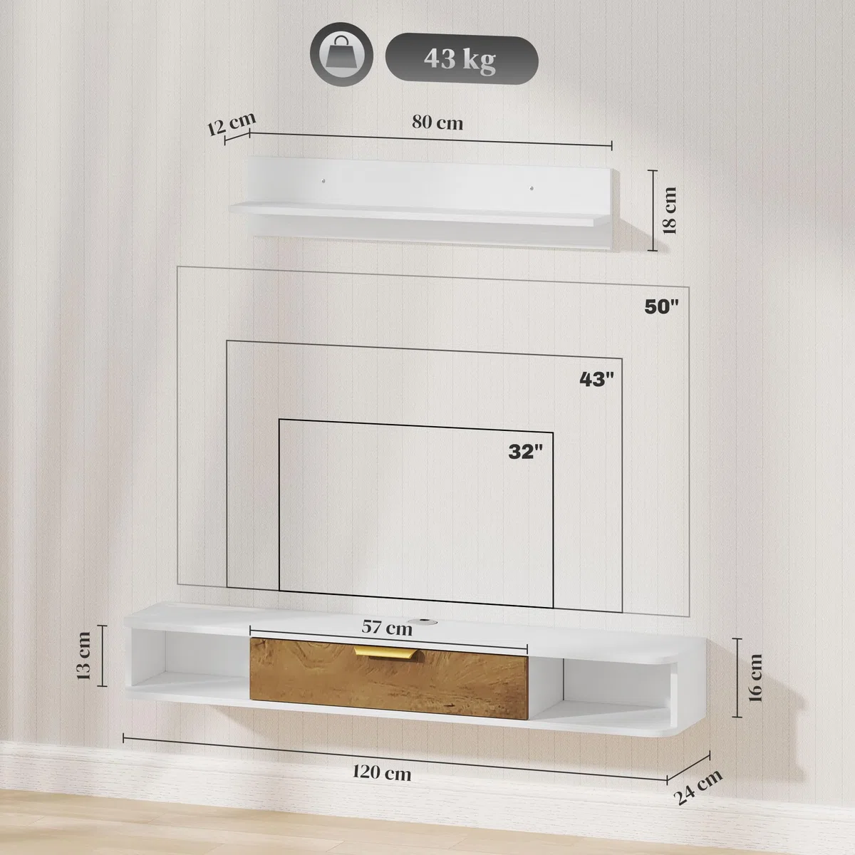 HOMCOM Mobile da soggiorno, mobile da sala da pranzo, con ripiano da parete, mobile TV, armadio, scomparti per cavi, per TV da parete, 120 x 24 x 16 cm, bianco