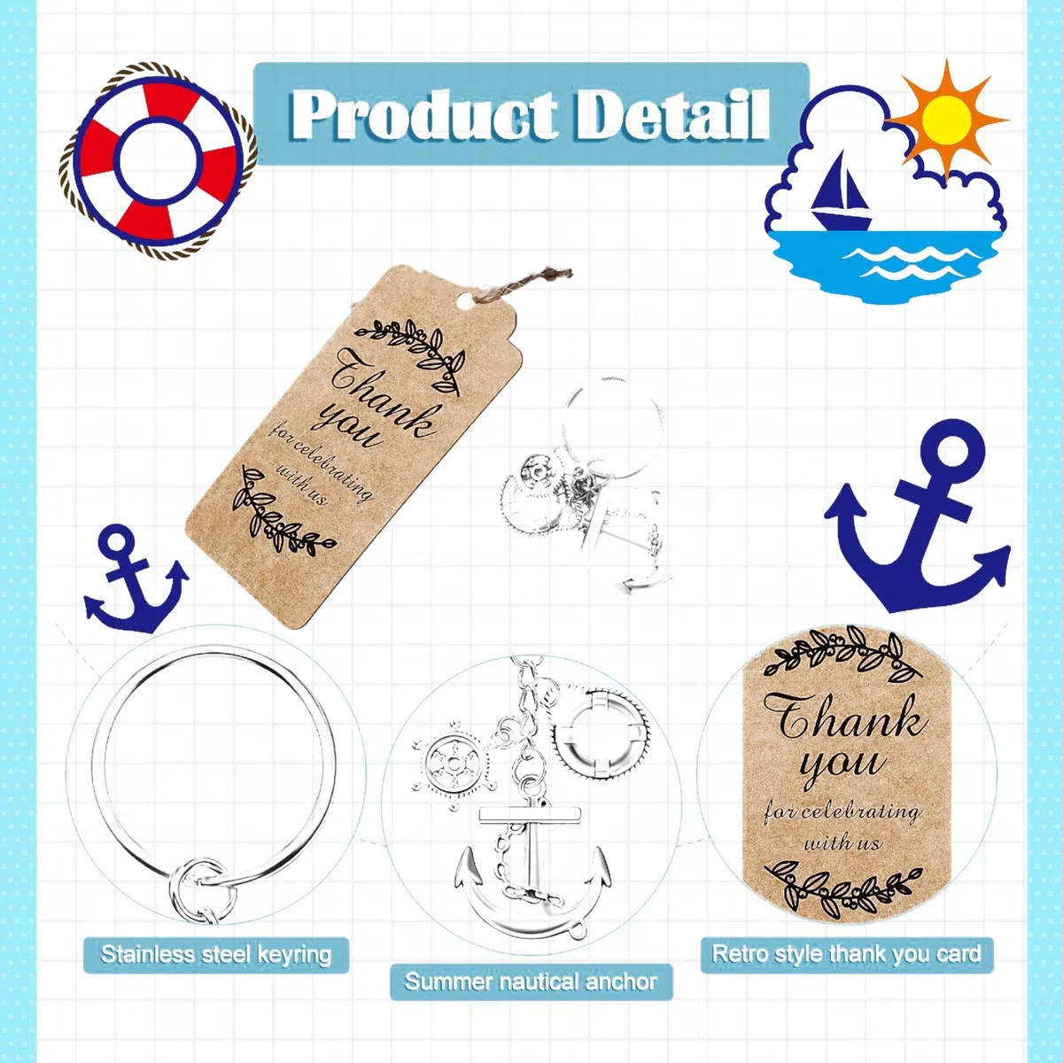 Set di 10 portachiavi a forma di ancora, bomboniere per gli ospiti, souvenir creativi con sacchetti regalo con coulisse ed etichette di ringraziamento per decorazioni a tema nautico per