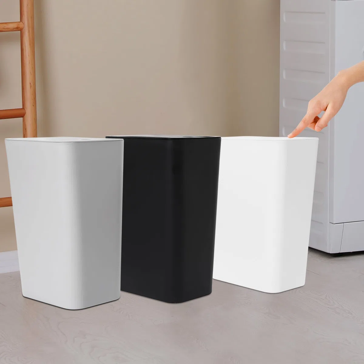 3 x 9L Pattumiera con coperchio, in plastica (PP), pattumiera piccola per cucina, bagno o ufficio, rettangolare, 22,2 x 15,7 x 33 cm, Nero, Bianco, Grigio