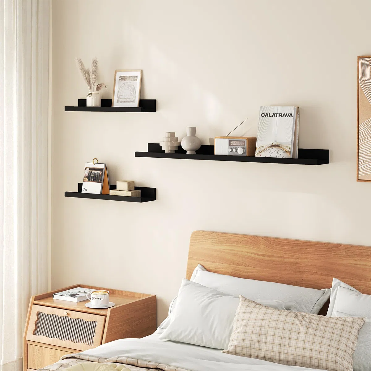 WOLTU Mensole da Muro Design Set di 3, Scaffale Galleggiante con Bordo, Decorazione Parete per Soggiorno Ufficio Camera da Letto Cucina, Nero