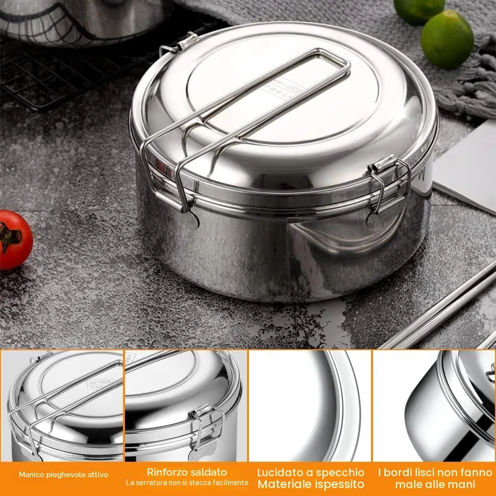 1200ml Lunch Box in Acciaio Inox, Rotondo Gavetta, Scatole per Il Pranzo, per Adulti e Bambini, con Maniglia,per Scuola, Picnic, Viaggi