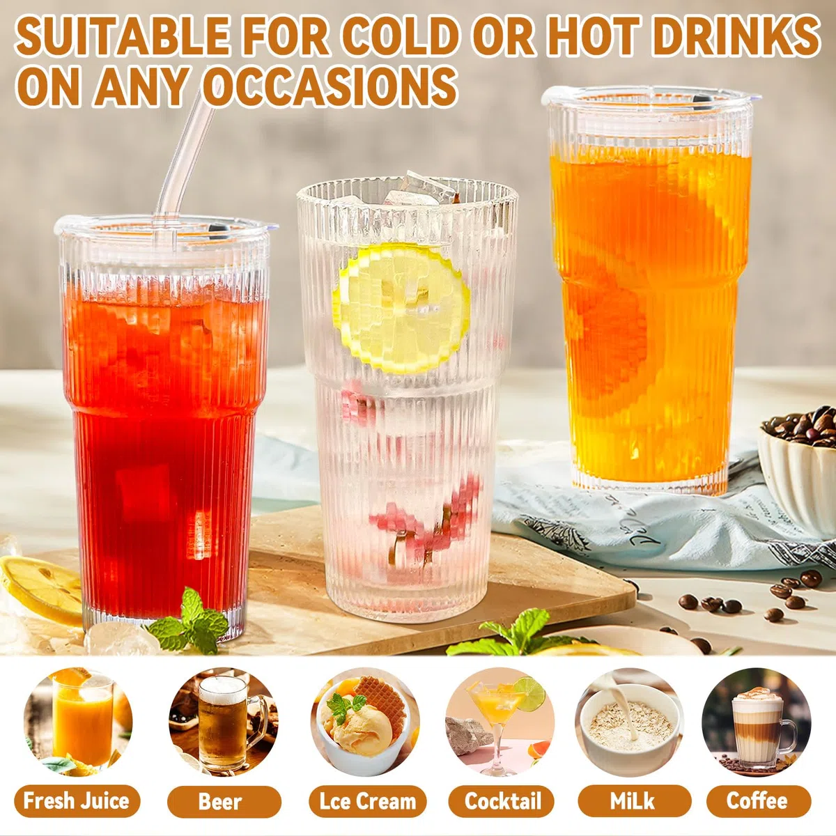 2 Pezzi 600ml Bicchieri da Acqua con Coperchio e Cannuccia, Bicchieri in Vetro con Pennello di Paglia, Ermetico, Bicchieri da Caffè Freddo, Bicchieri a Righe per Tè, Succhi, Caffè, Smoothie