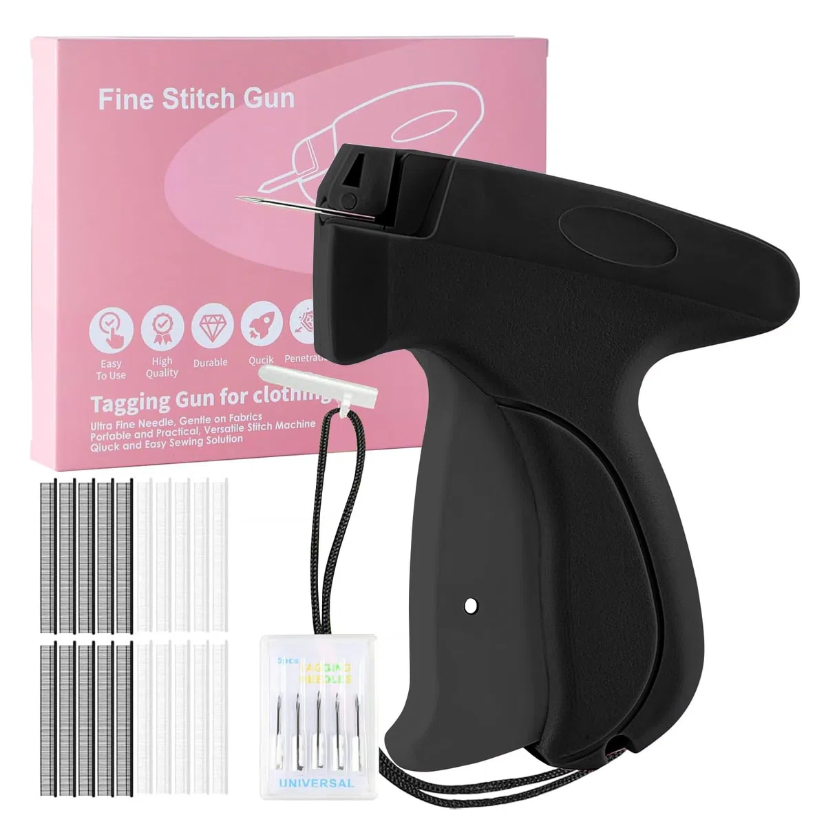 Mini pistola da cucito a mano, macchina da cucire portatile con 5 aghi + 1000 staffe, riparazione flash per vestiti e tende, set da cucito da viaggio per riparazioni tessili, nero