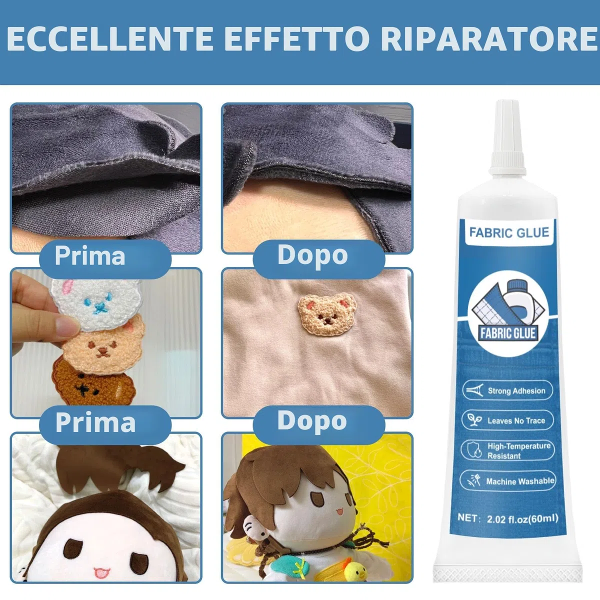 Colla per tessuti non necessaria cucitura, resistente all'acqua, auto-adesiva per cotone, flanella, denim, poliestere