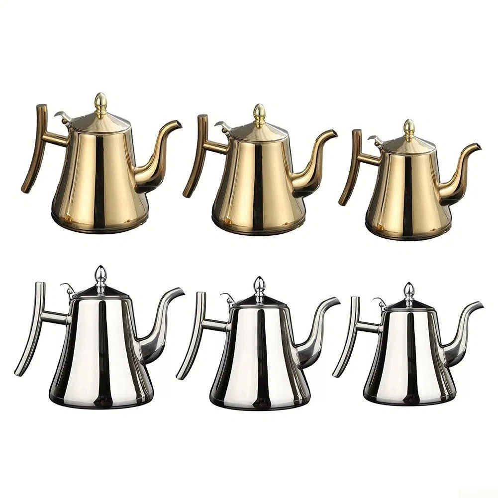Teiera in acciaio inox con fondo spesso e filtro integrato, adatta per preparare tè e caffè su fornelli a induzione o a fiamma libera (1,5 l, argento)